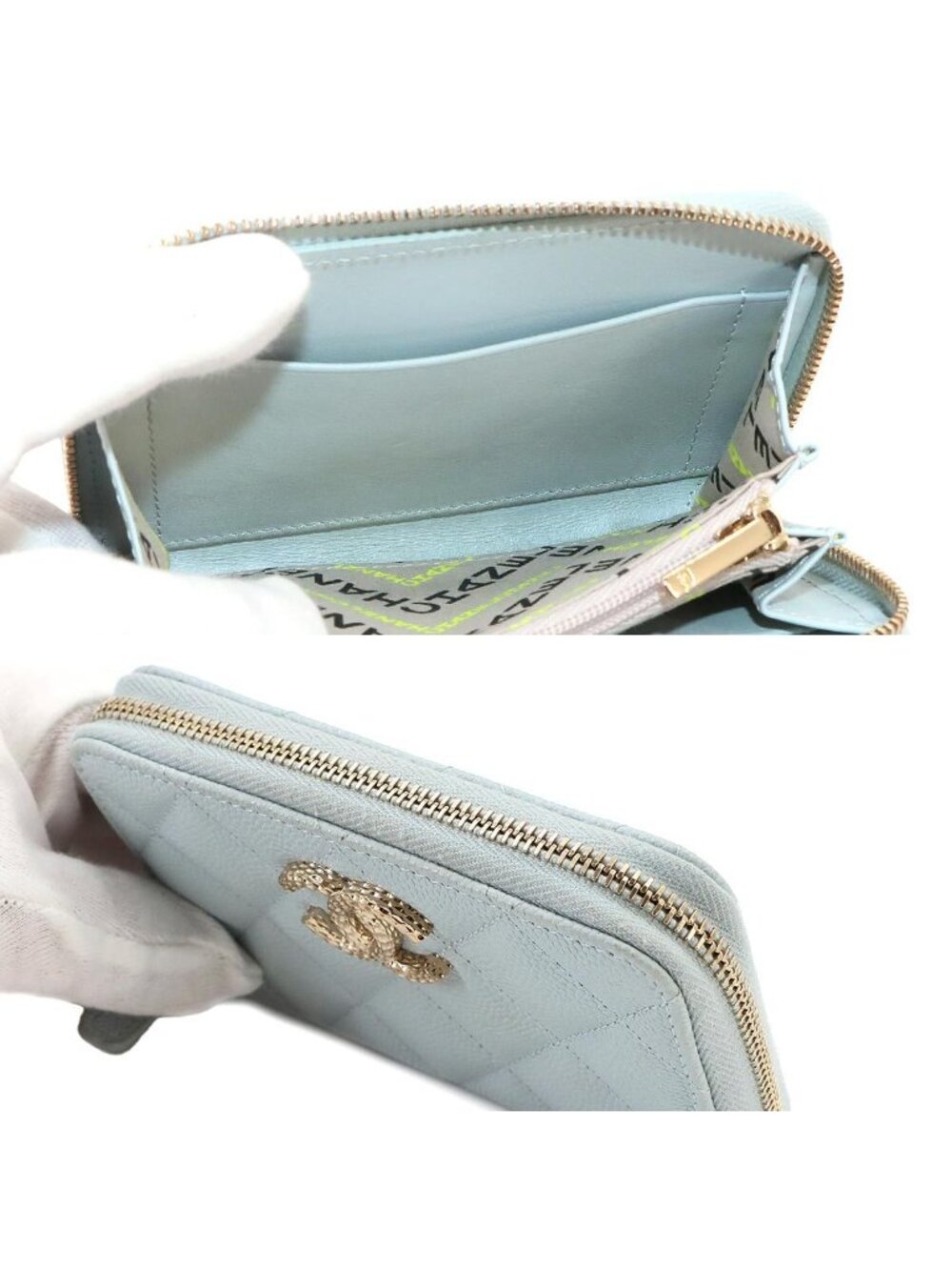 Chanel Quilted Coin Purse Caviar Leather Light Blue Gold - Picture 9 of 9